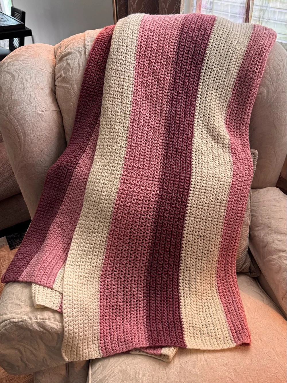 Cozy Striped Crochet Throw Blanket in Pink & Cream Vtg